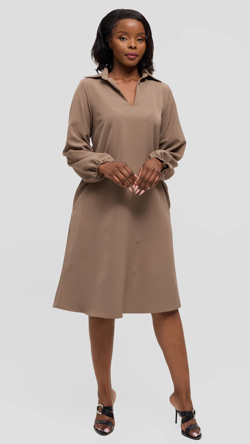 Vivo Mandla Bishop Sleeve Tent Dress in Crepe - Taupe