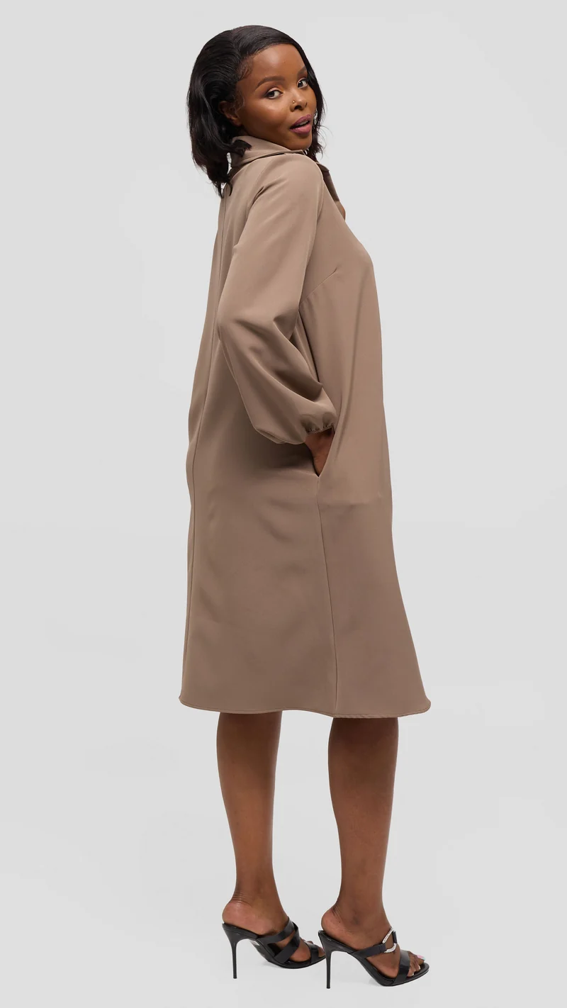 Vivo Mandla Bishop Sleeve Tent Dress in Crepe - Taupe