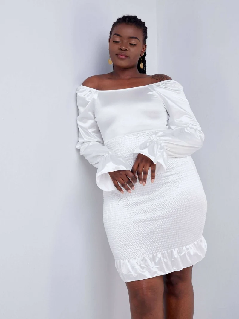 Wsc Pambo DD Holdings Fashion Bare Back Silk Flounce LS Dress - White