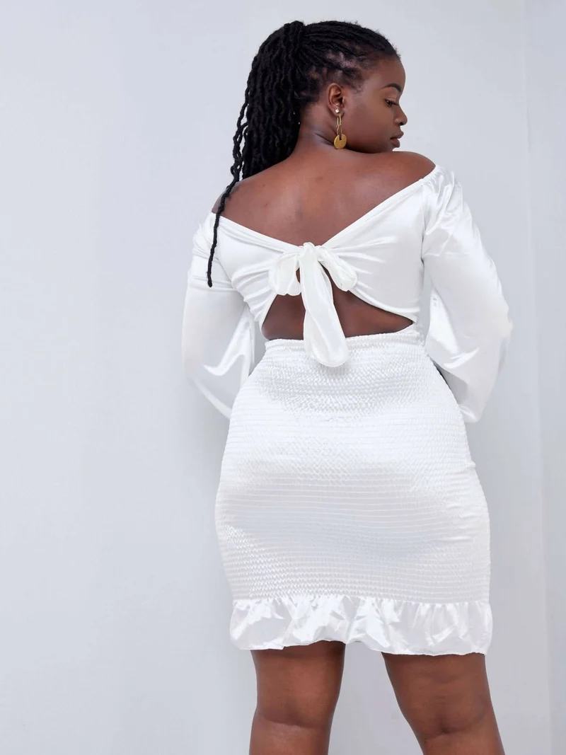 Wsc Pambo DD Holdings Fashion Bare Back Silk Flounce LS Dress - White