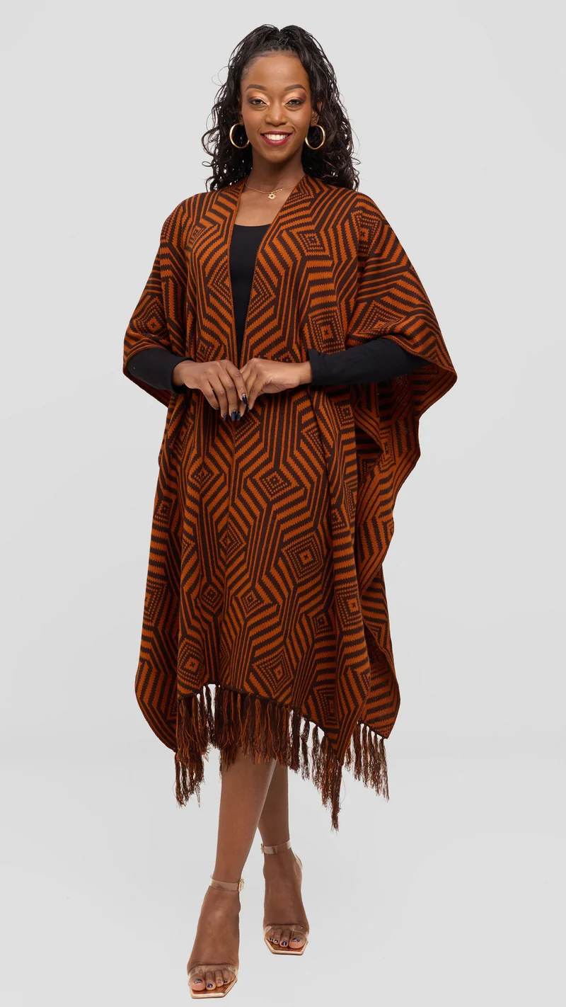 Vivo 2 Tone Geometric Wrap Poncho - Brown / Rust Print