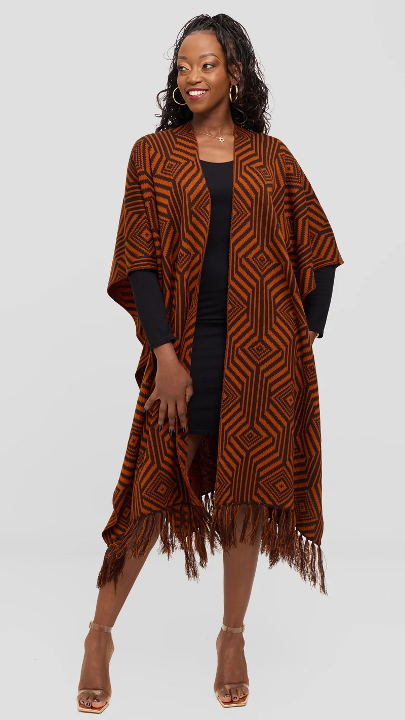 Vivo 2 Tone Geometric Wrap Poncho - Brown / Rust Print