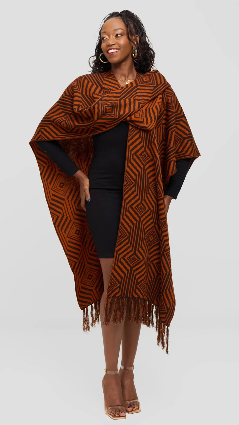 Vivo 2 Tone Geometric Wrap Poncho - Brown / Rust Print