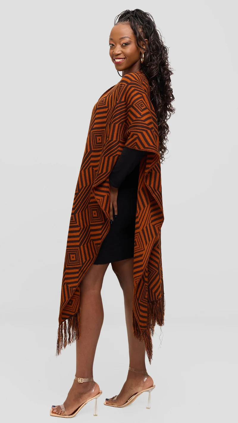 Vivo 2 Tone Geometric Wrap Poncho - Brown / Rust Print