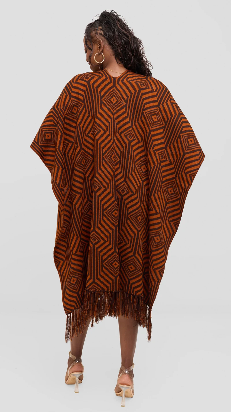 Vivo 2 Tone Geometric Wrap Poncho - Brown / Rust Print