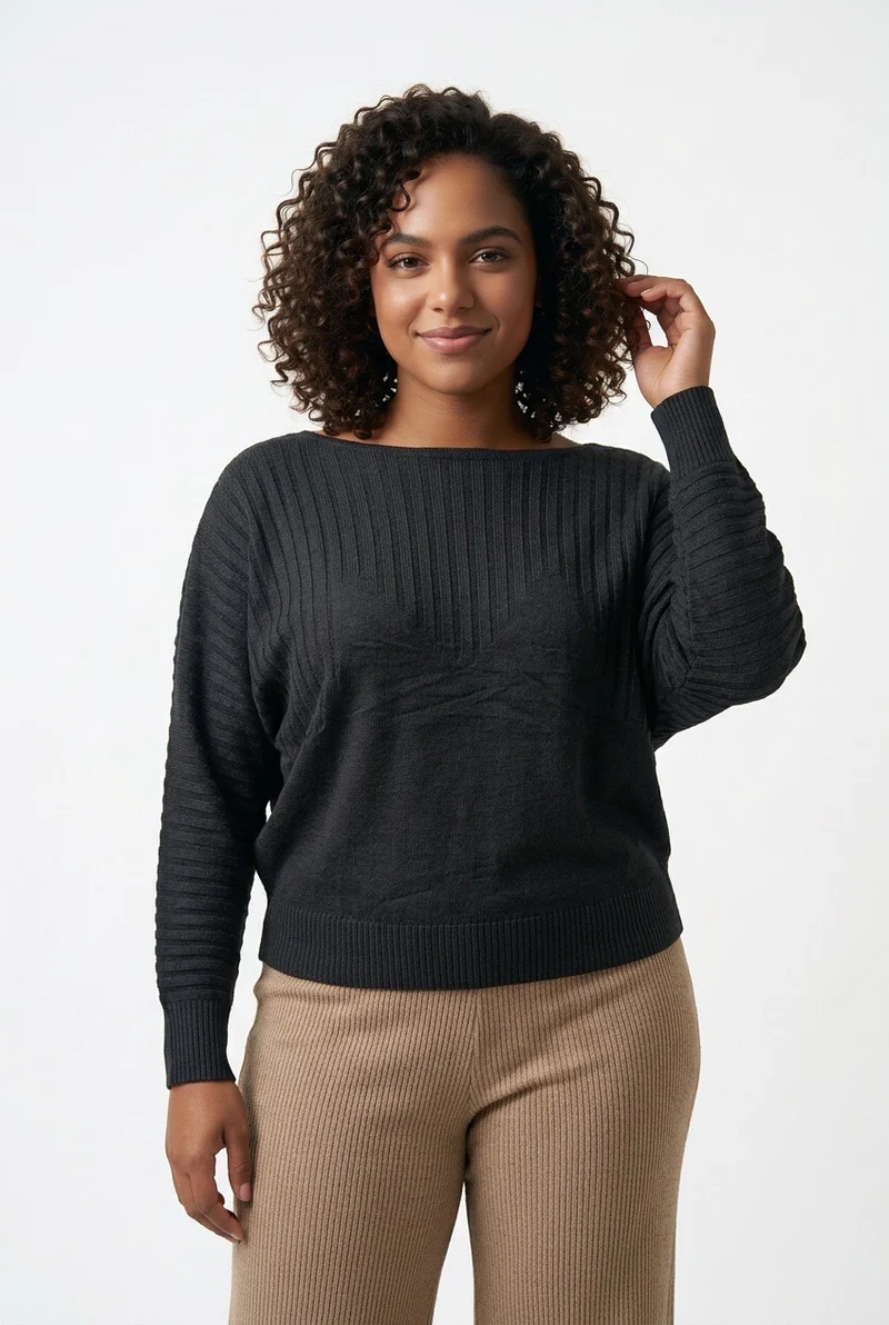 Stylish Sisters Ribbed Batwing-Sleeve Sweater Top - Black