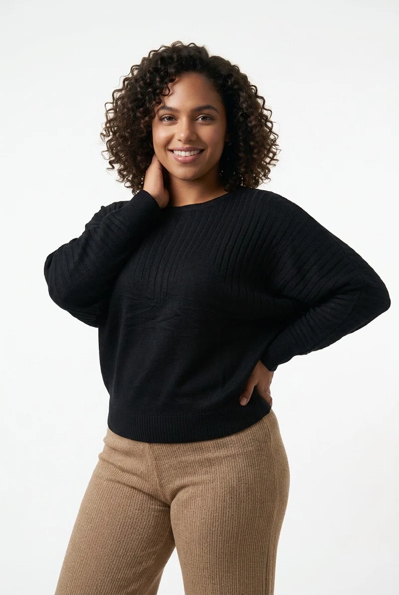Stylish Sisters Ribbed Batwing-Sleeve Sweater Top - Black