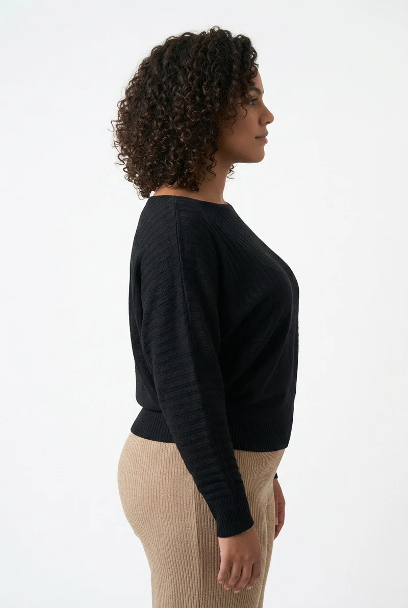 Stylish Sisters Ribbed Batwing-Sleeve Sweater Top - Black
