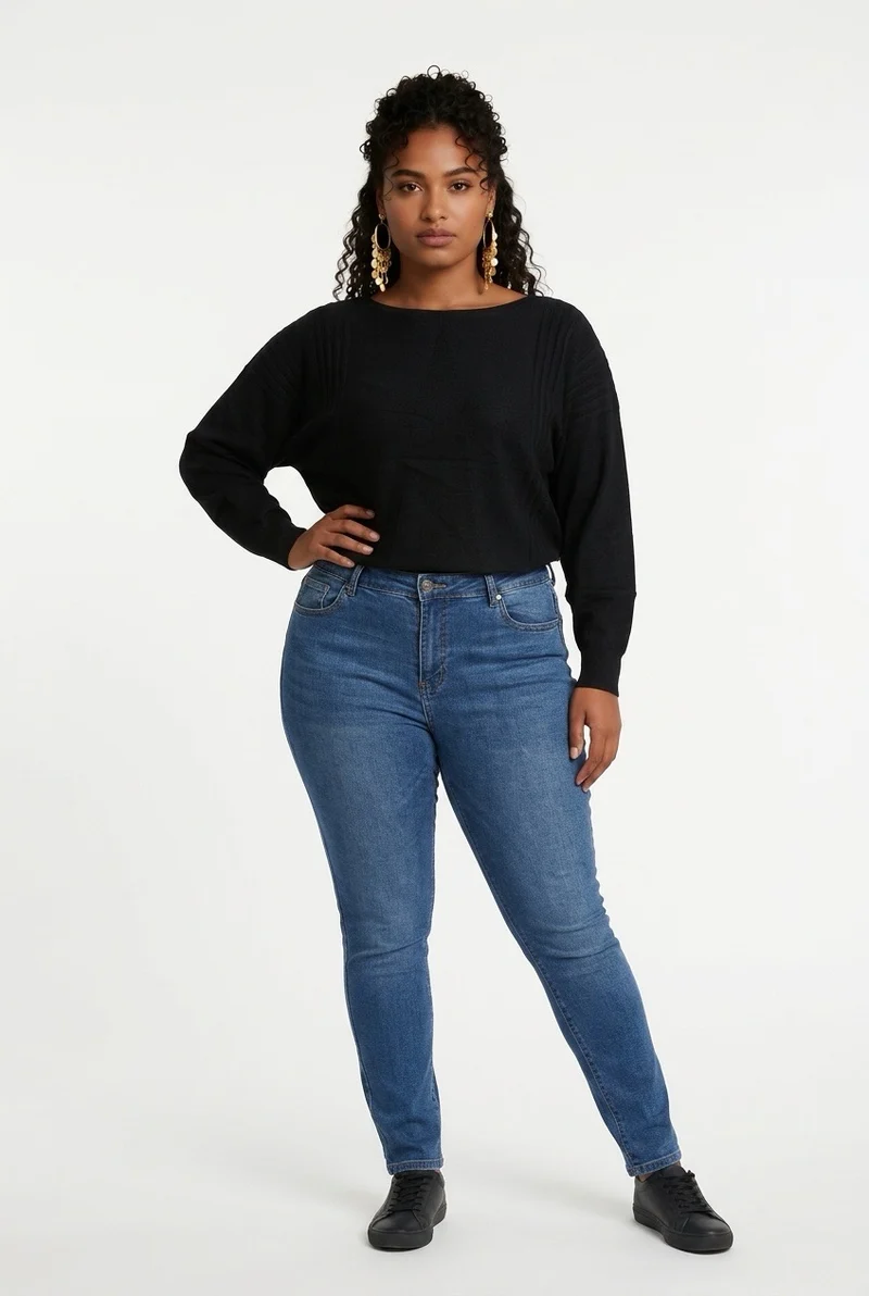Stylish Sisters Ribbed Batwing-Sleeve Sweater Top - Black