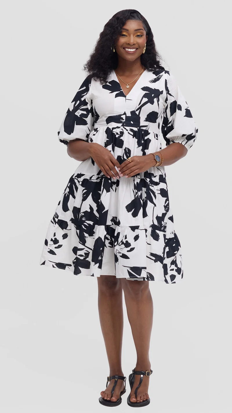 Safari Nazari Bubble Midi Dress - Beige / Black Print