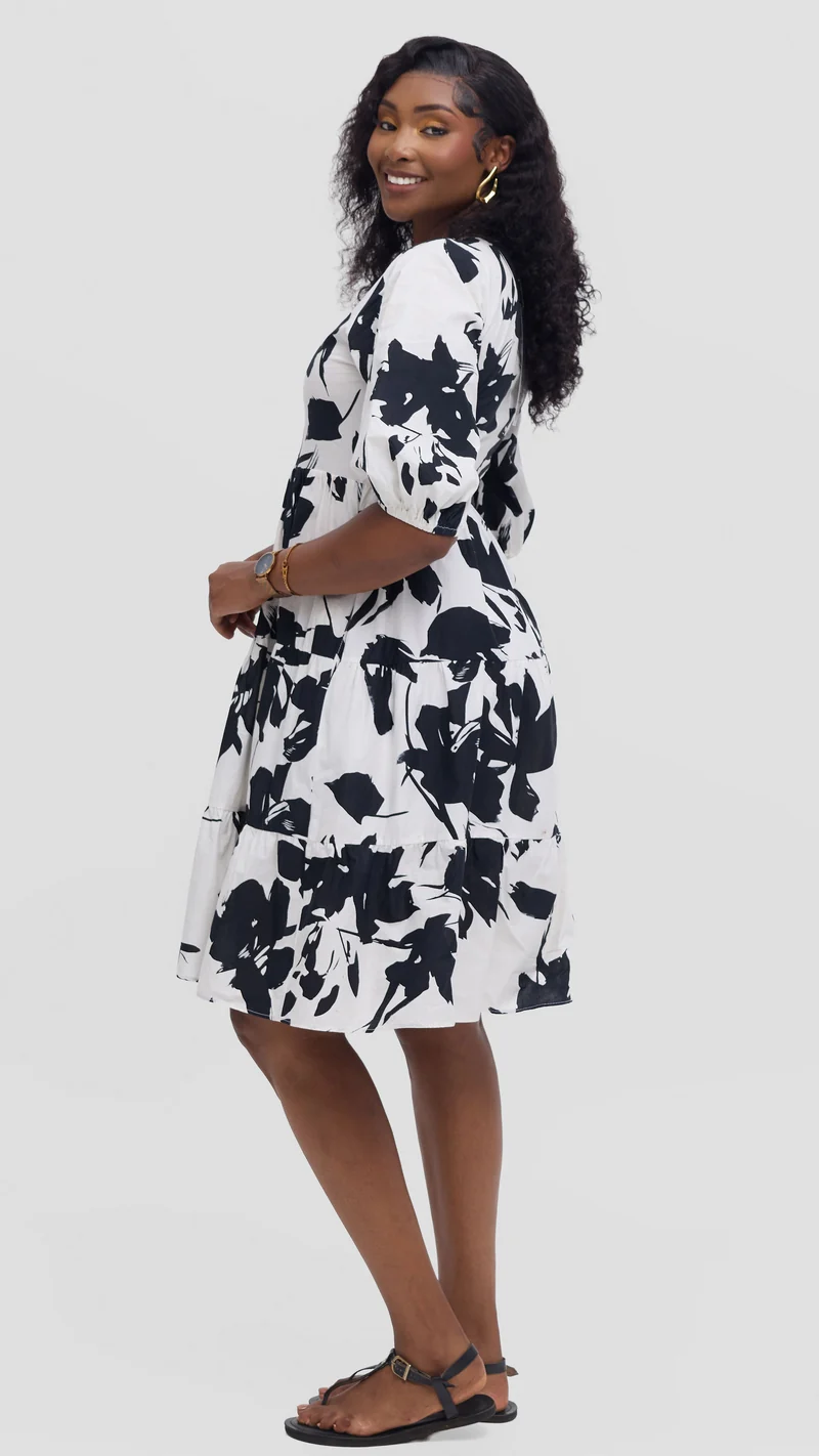 Safari Nazari Bubble Midi Dress - Beige / Black Print