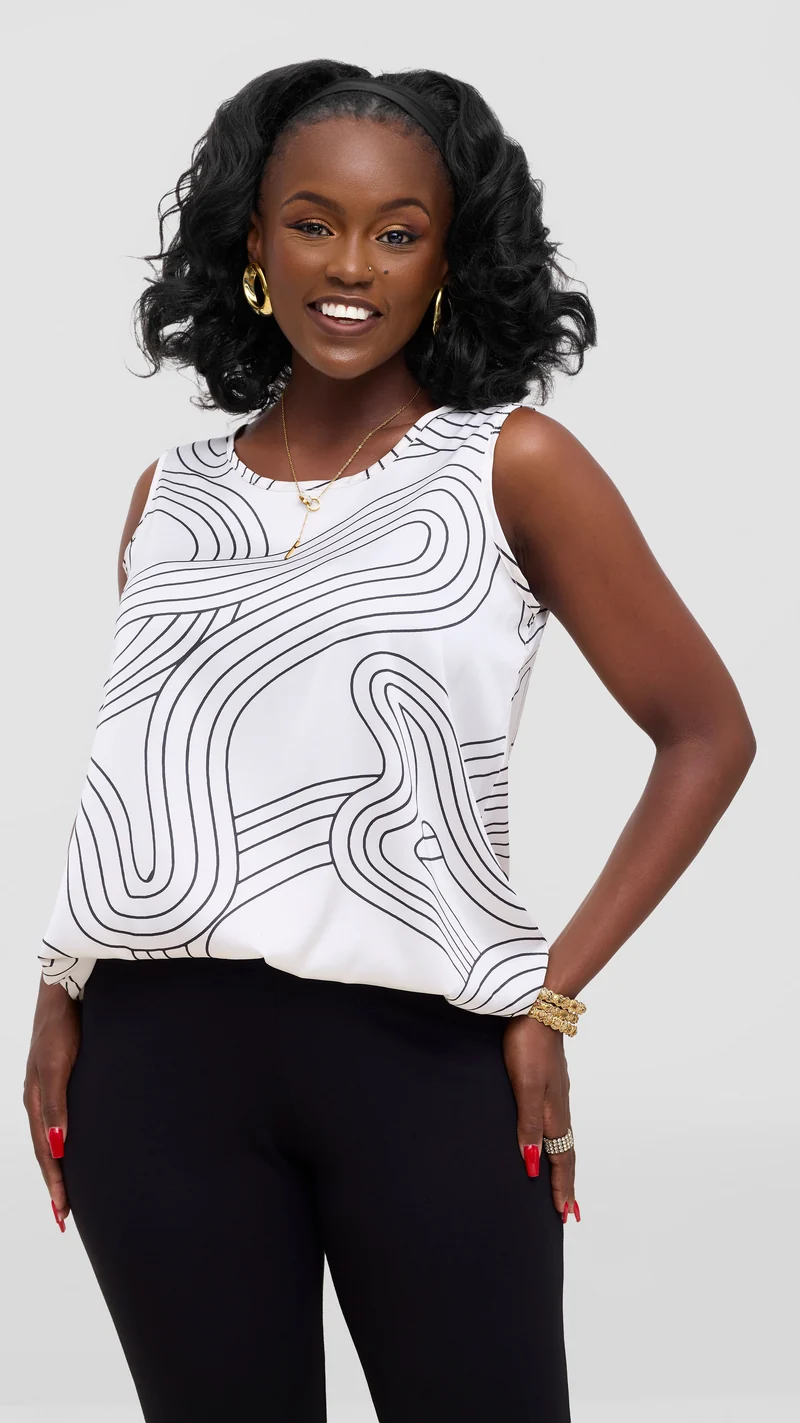 Vivo Liora Sleeveless Drawstring Top In Satin - Off White / Black Print