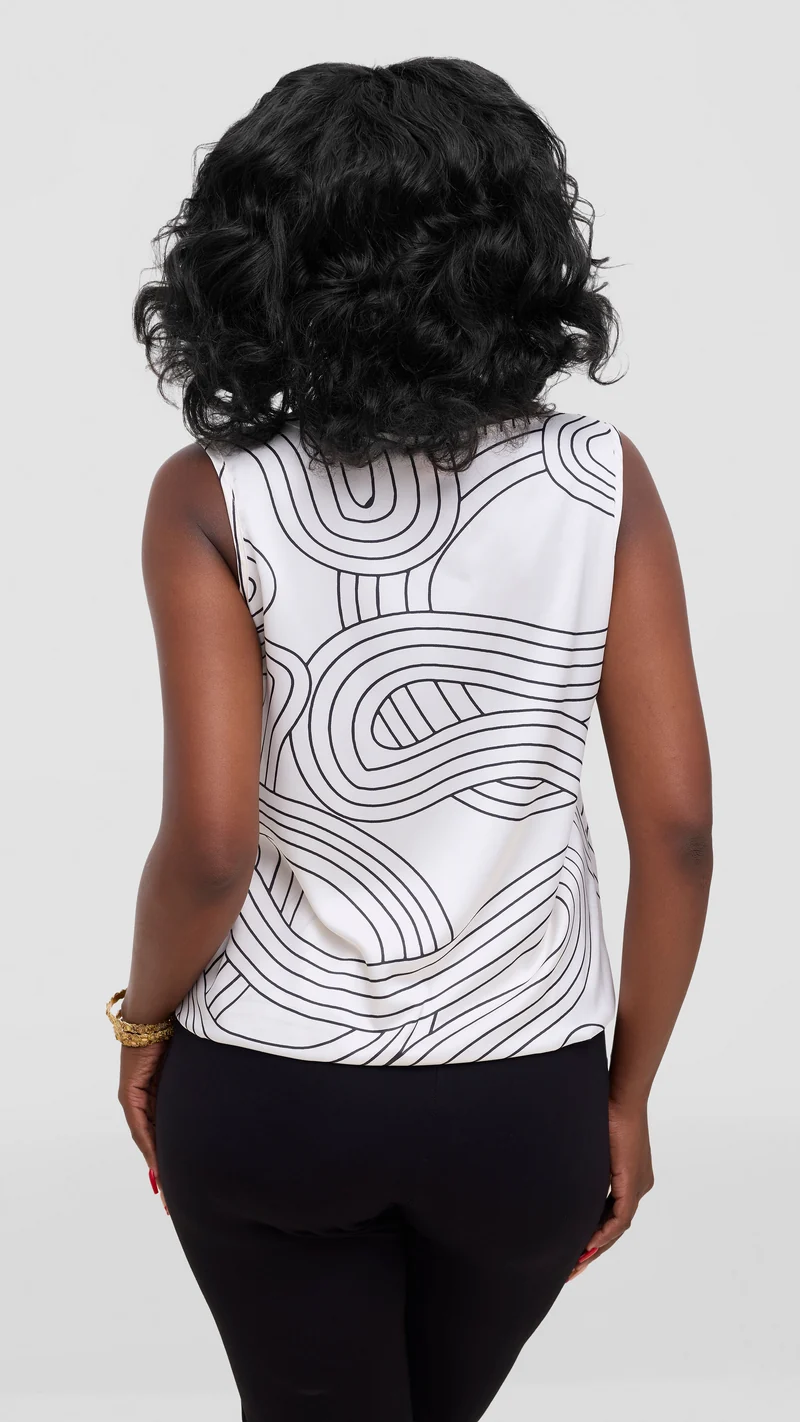 Vivo Liora Sleeveless Drawstring Top In Satin - Off White / Black Print