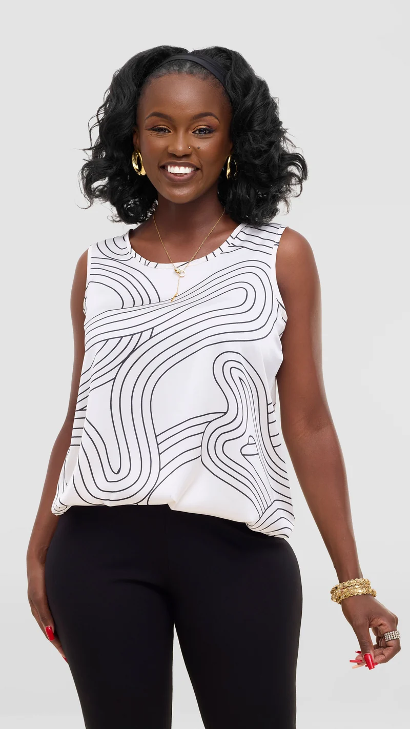 Vivo Liora Sleeveless Drawstring Top In Satin - Off White / Black Print