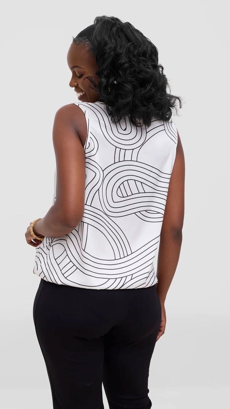 Vivo Liora Sleeveless Drawstring Top In Satin - Off White / Black Print