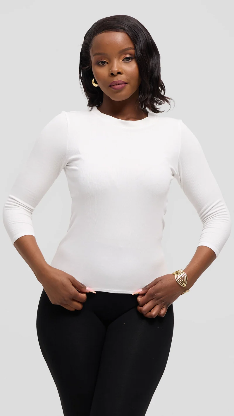 Vivo 3/4 Sleeve Crew Neck Top in Rib - Off White