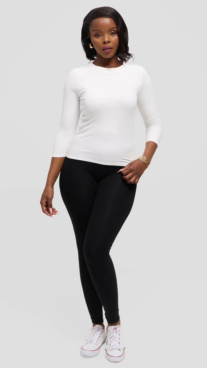 Vivo 3/4 Sleeve Crew Neck Top in Rib - Off White