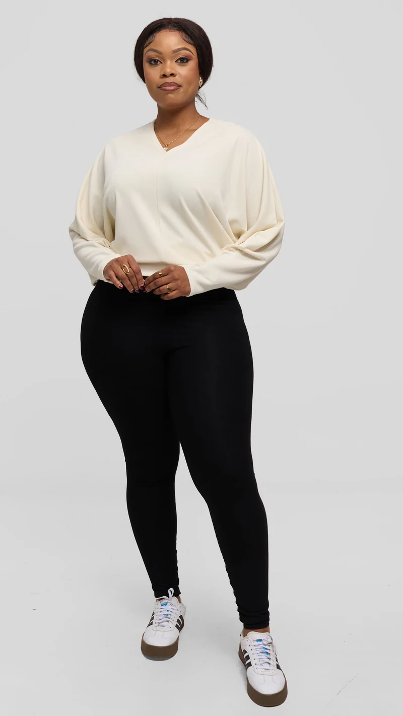 Vivo Tanda V-Neck Top in Stretch Rib - Off White