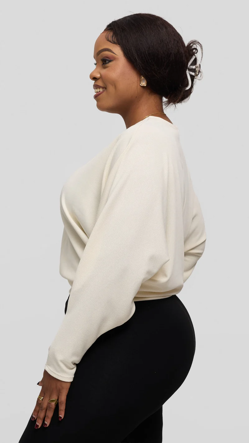 Vivo Tanda V-Neck Top in Stretch Rib - Off White
