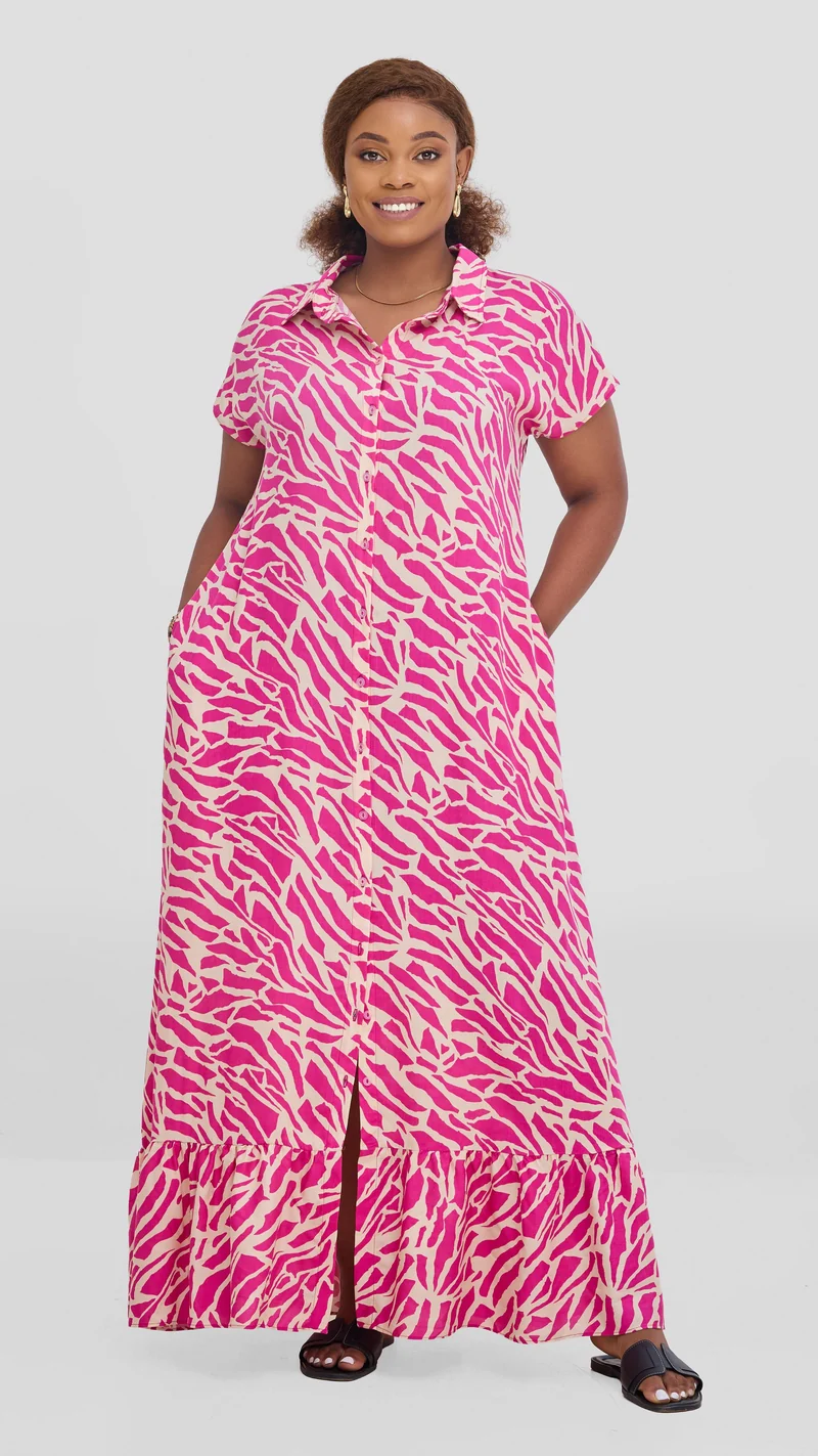 Vivo Maisha Drop Shoulder Maxi Dress In Rayon - Pink / Cream Print