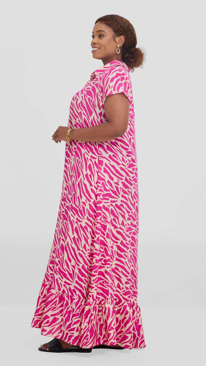 Vivo Maisha Drop Shoulder Maxi Dress In Rayon - Pink / Cream Print