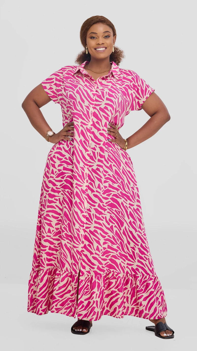 Vivo Maisha Drop Shoulder Maxi Dress In Rayon - Pink / Cream Print