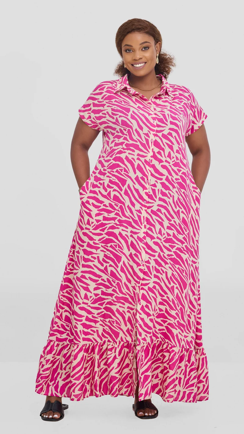 Vivo Maisha Drop Shoulder Maxi Dress In Rayon - Pink / Cream Print