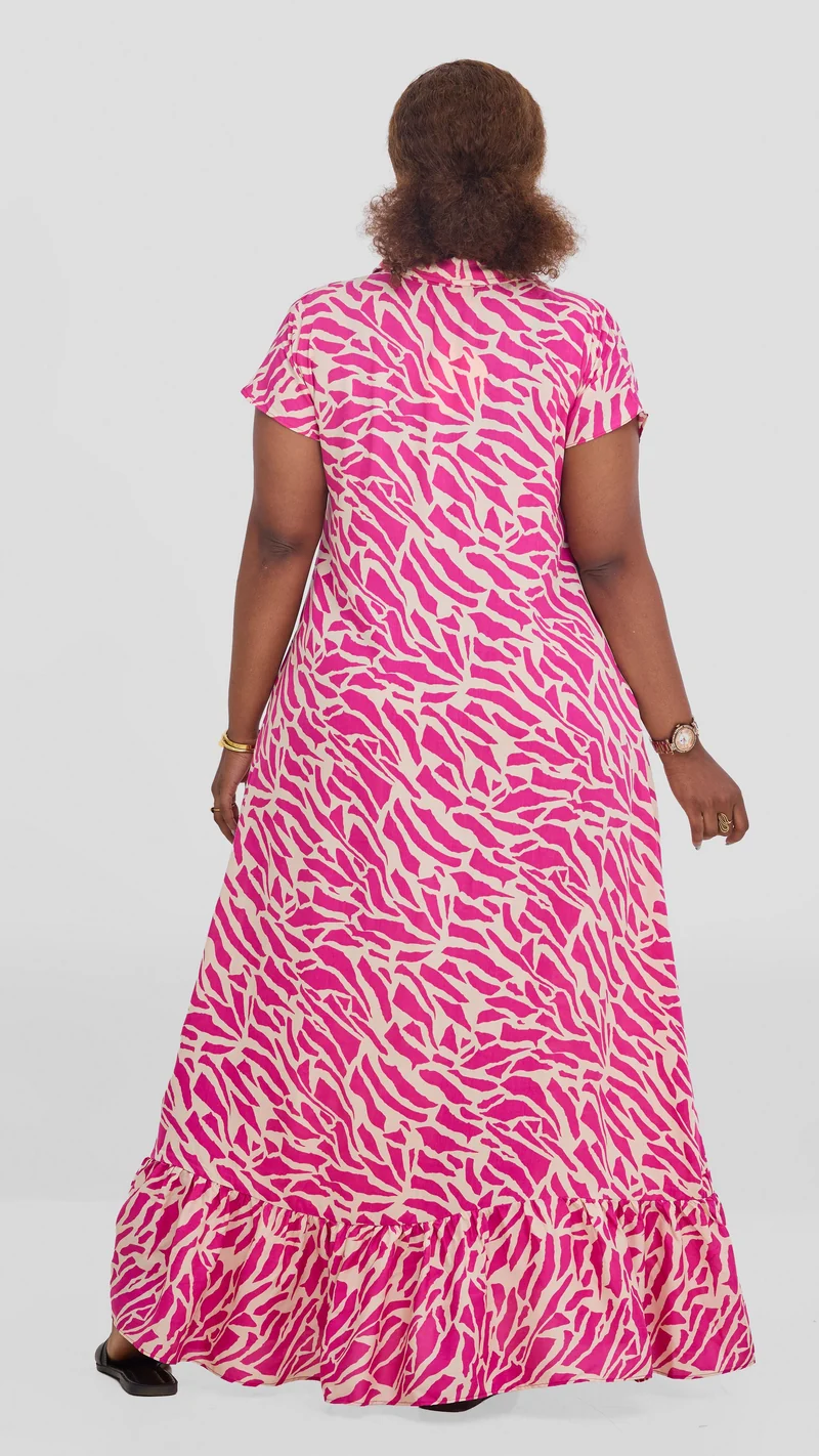 Vivo Maisha Drop Shoulder Maxi Dress In Rayon - Pink / Cream Print