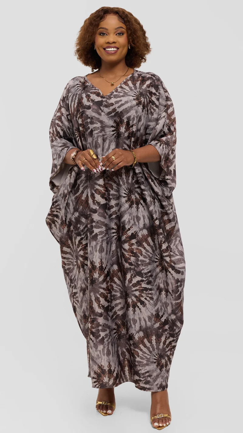 Vivo Keza V-Neck Maxi Kaftan in Satin - Light Beige / Brown Print