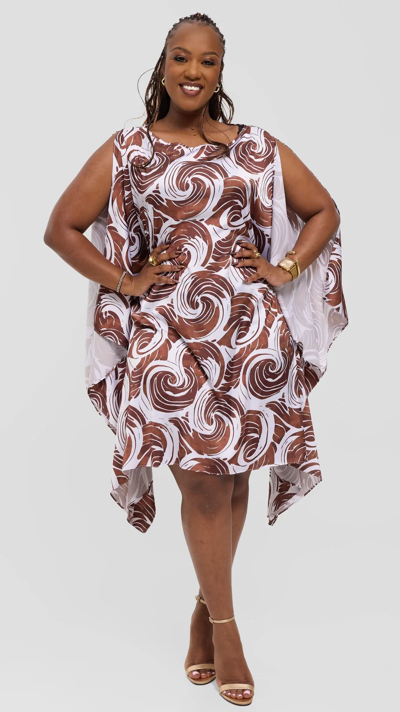 Vivo Knee Length Kaftan In Satin - White / Dark Chocolate Bolo Print