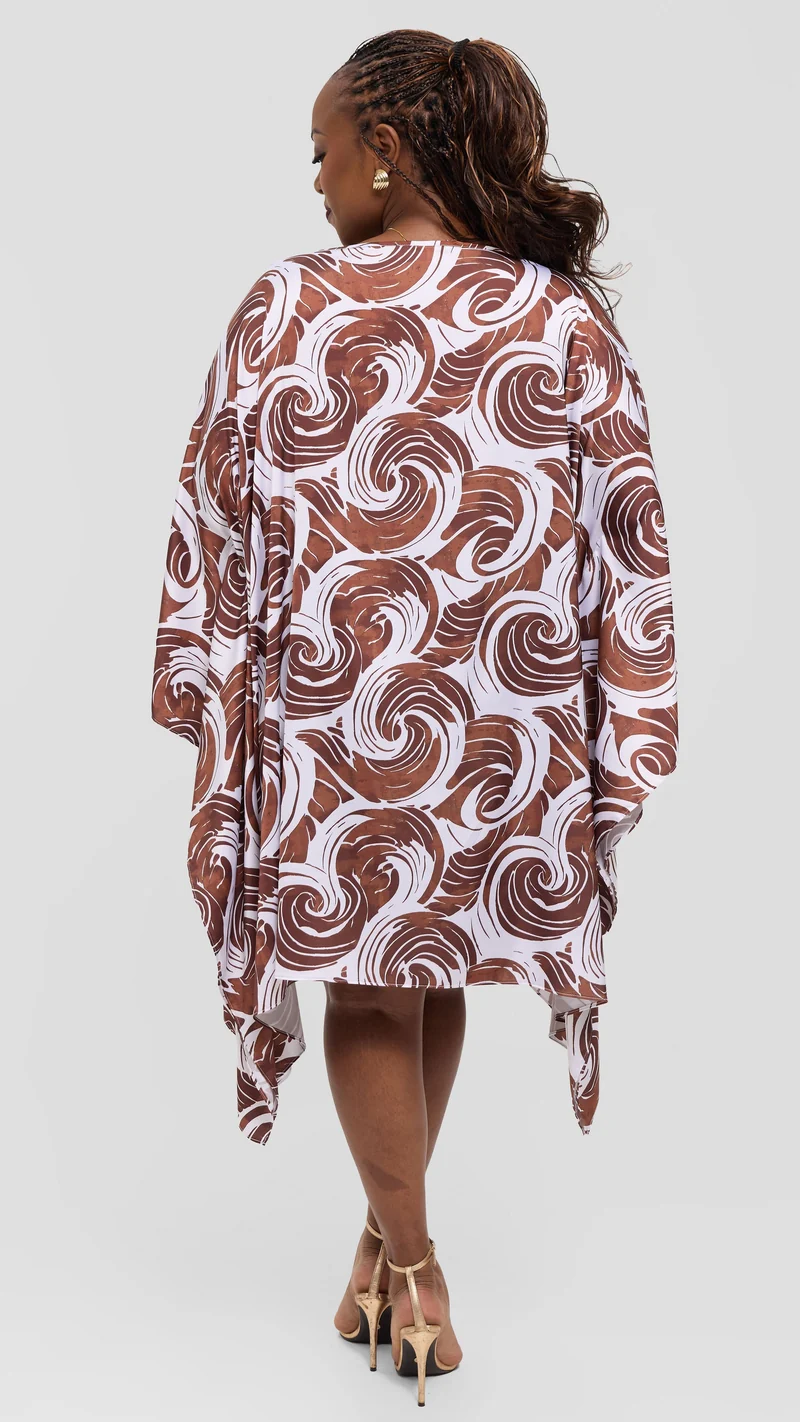 Vivo Knee Length Kaftan In Satin - White / Dark Chocolate Bolo Print