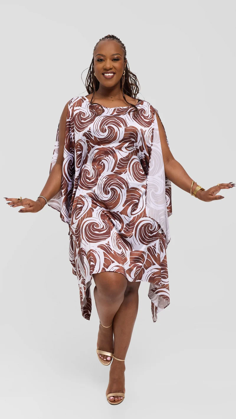 Vivo Knee Length Kaftan In Satin - White / Dark Chocolate Bolo Print