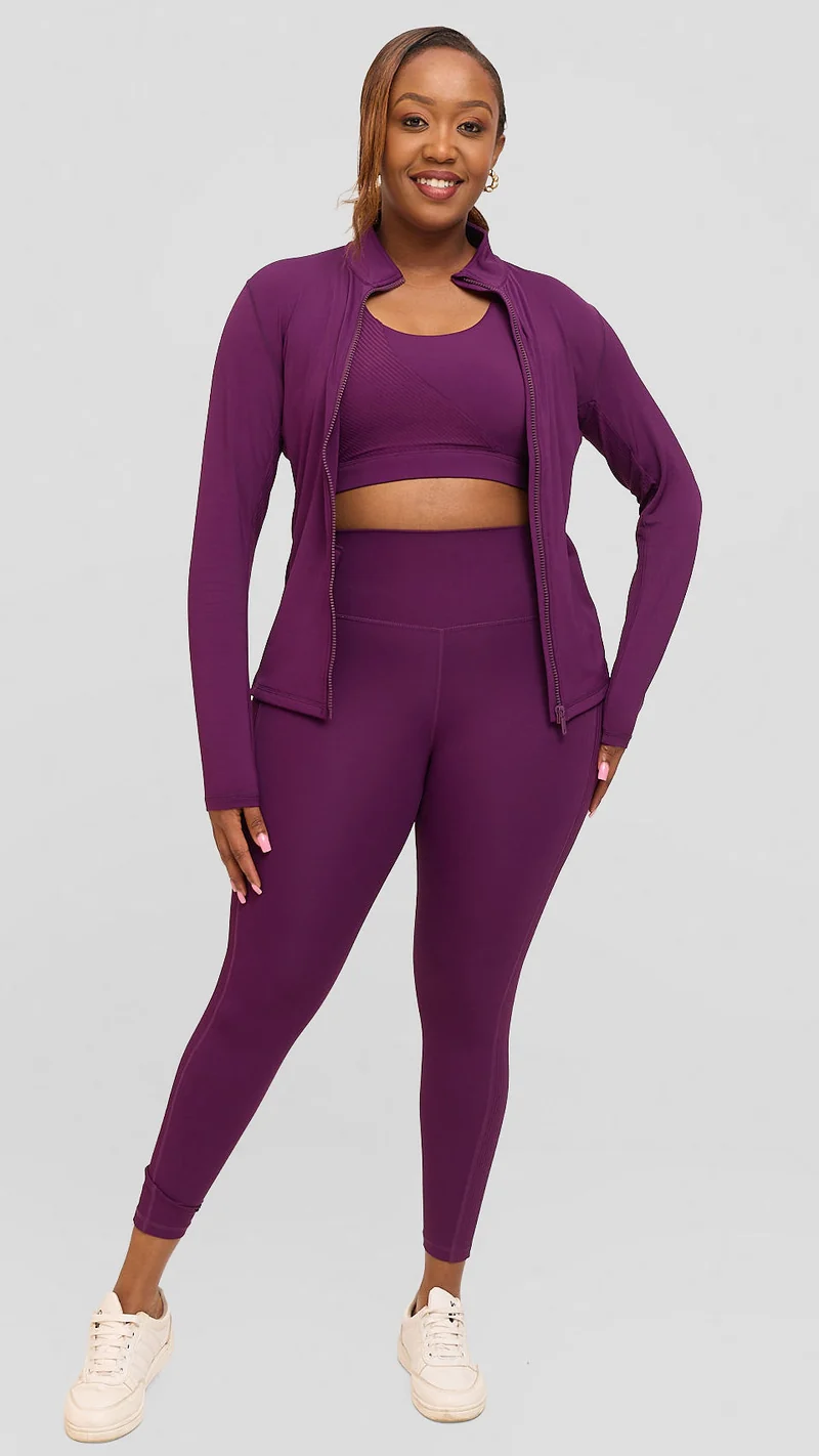 Flen Store Ribbed detail 3 Piece Set(Sports Bra, Leggings & Jacket) - Purple