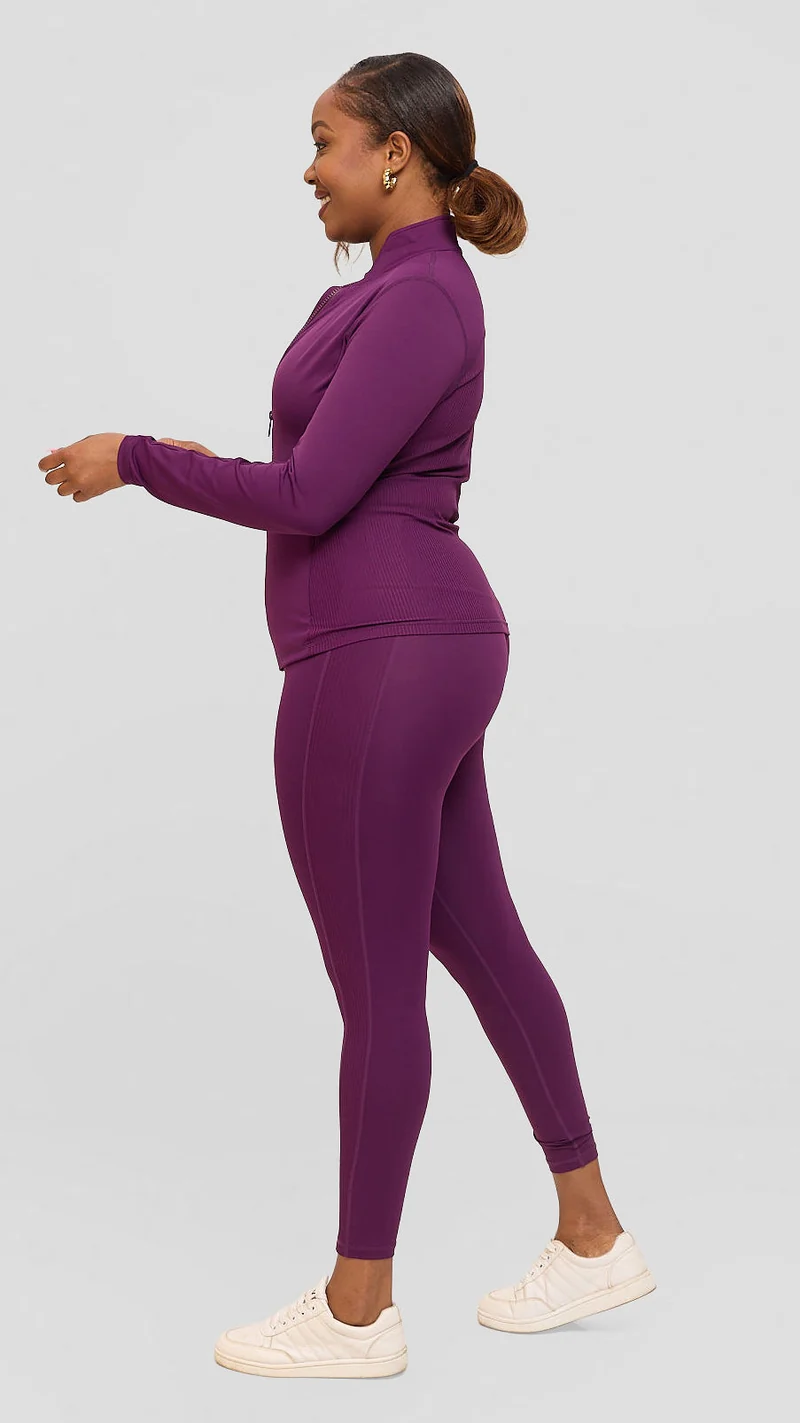 Flen Store Ribbed detail 3 Piece Set(Sports Bra, Leggings & Jacket) - Purple