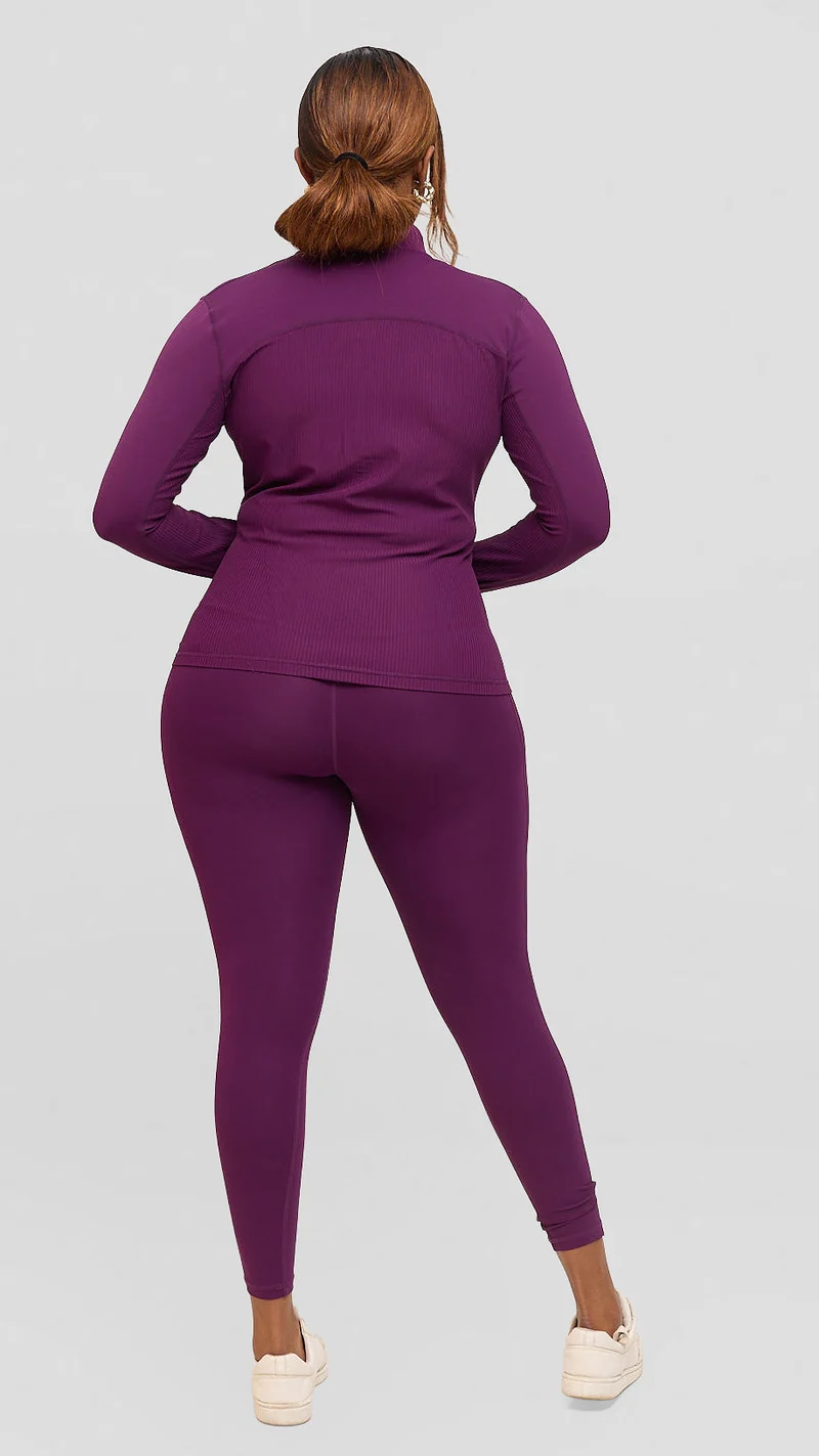 Flen Store Ribbed detail 3 Piece Set(Sports Bra, Leggings & Jacket) - Purple
