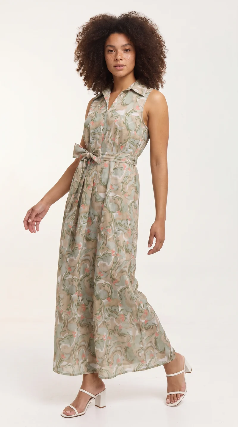 Vivo Sleeveless Maxi Dress in Cotton - Taupe / Olive Print