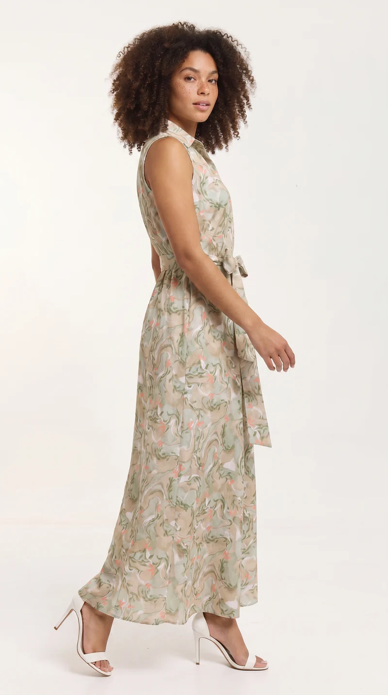 Vivo Sleeveless Maxi Dress in Cotton - Taupe / Olive Print
