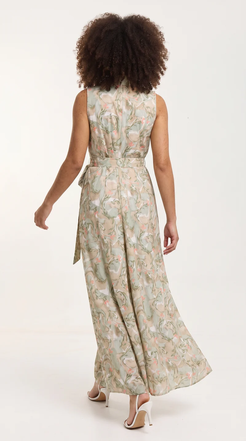 Vivo Sleeveless Maxi Dress in Cotton - Taupe / Olive Print