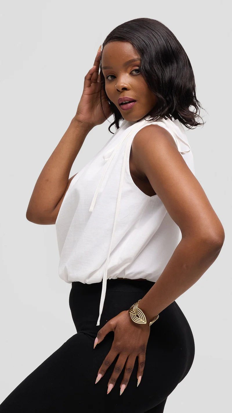 Safari by Vivo Drawstring Neck Top in Linen Blend - White
