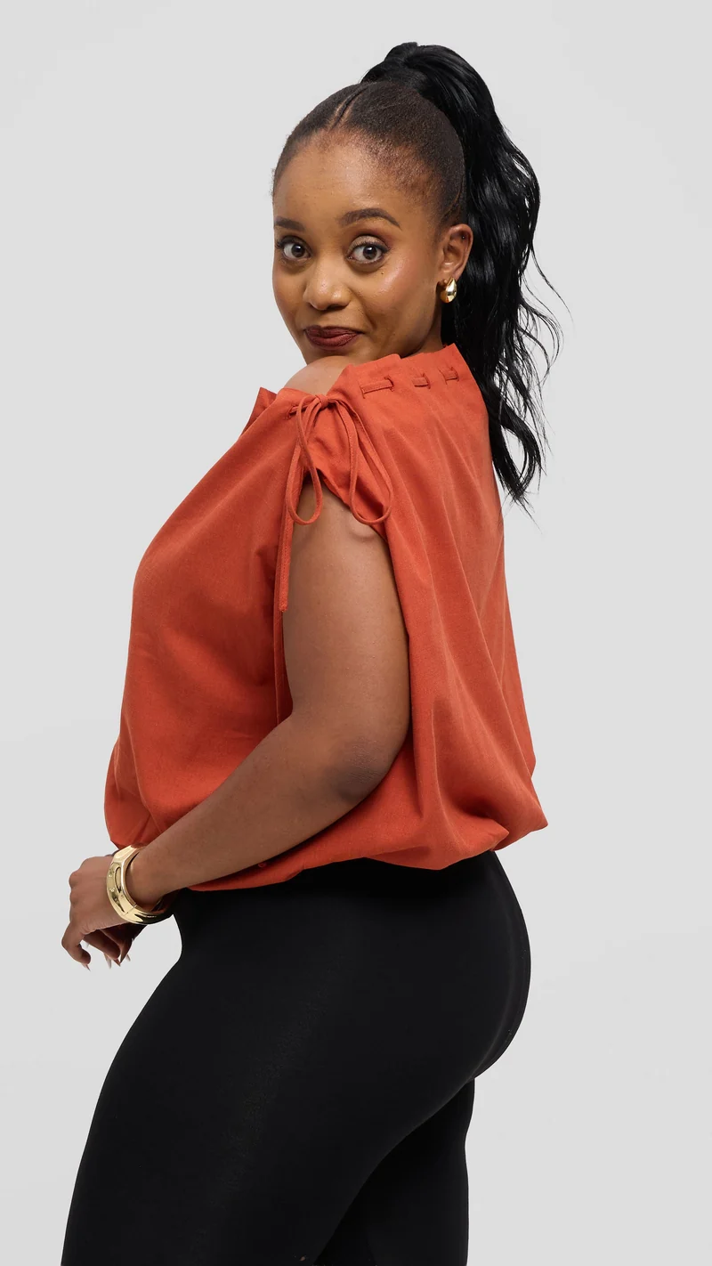 Safari by Vivo Drawstring Neck Top in Linen Blend - Rust