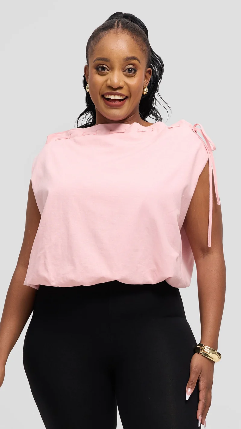 Safari by Vivo Drawstring Neck Top in Linen Blend - Baby Pink
