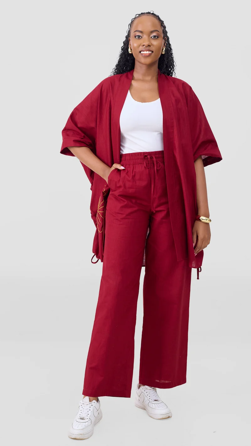 Safari by Vivo Zehra Embroidered Linen Kimono - Maroon