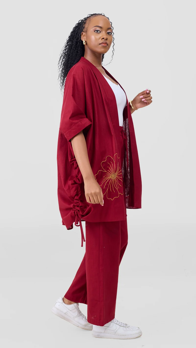 Safari by Vivo Zehra Embroidered Linen Kimono - Maroon