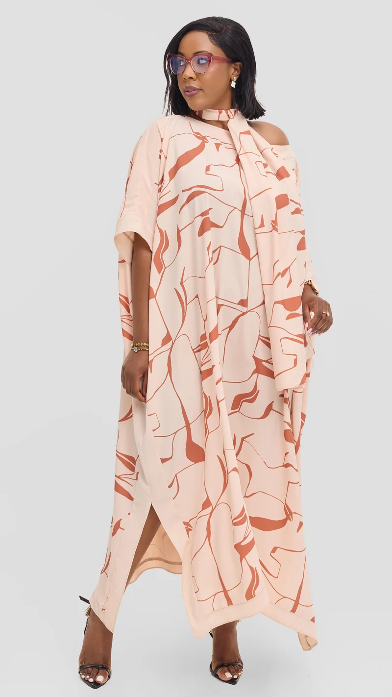 Vivo Liora Kaftan Border Maxi Dress in Crepe - Cream / Coral Ziza Print