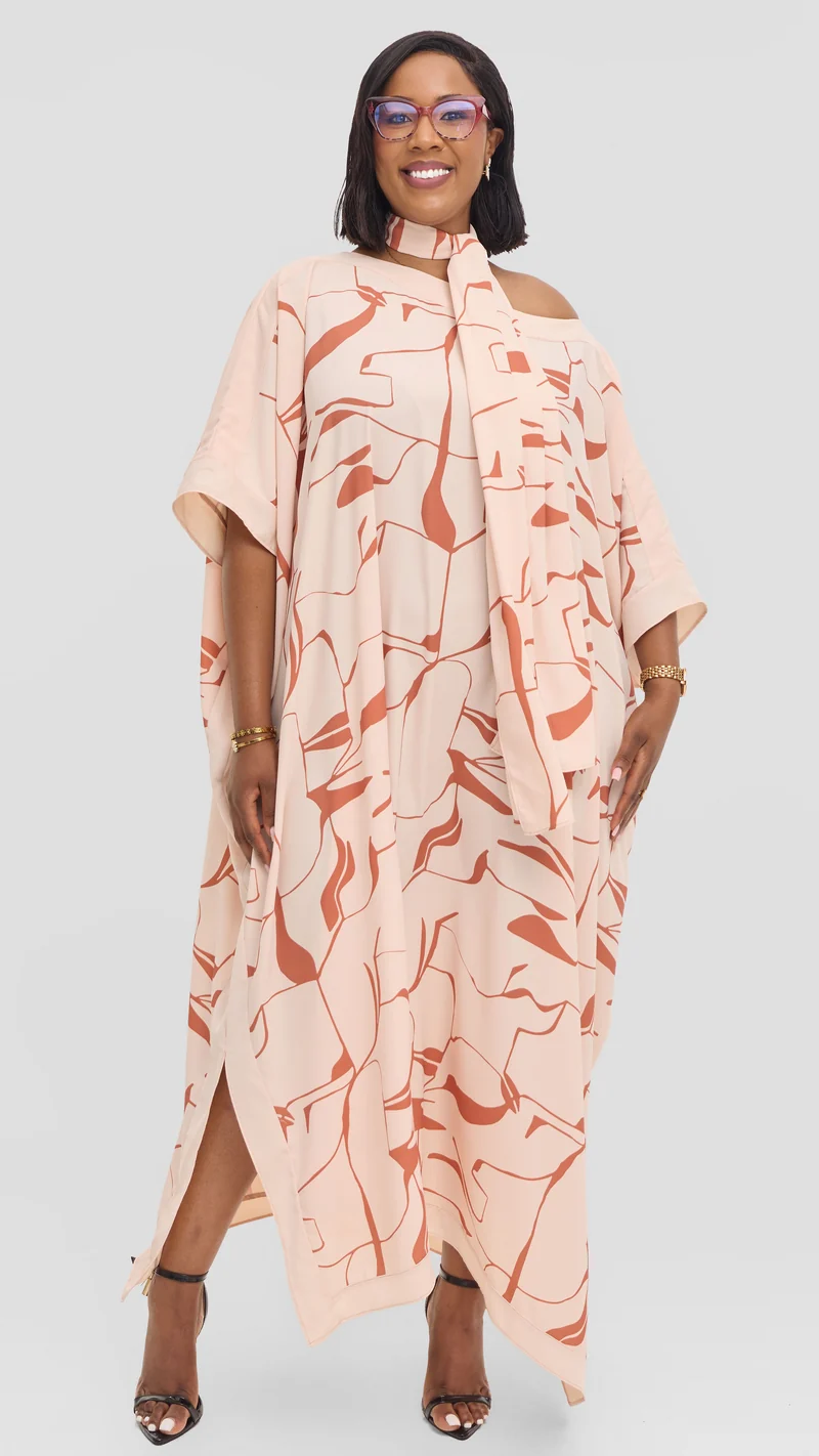 Vivo Liora Kaftan Border Maxi Dress in Crepe - Cream / Coral Ziza Print