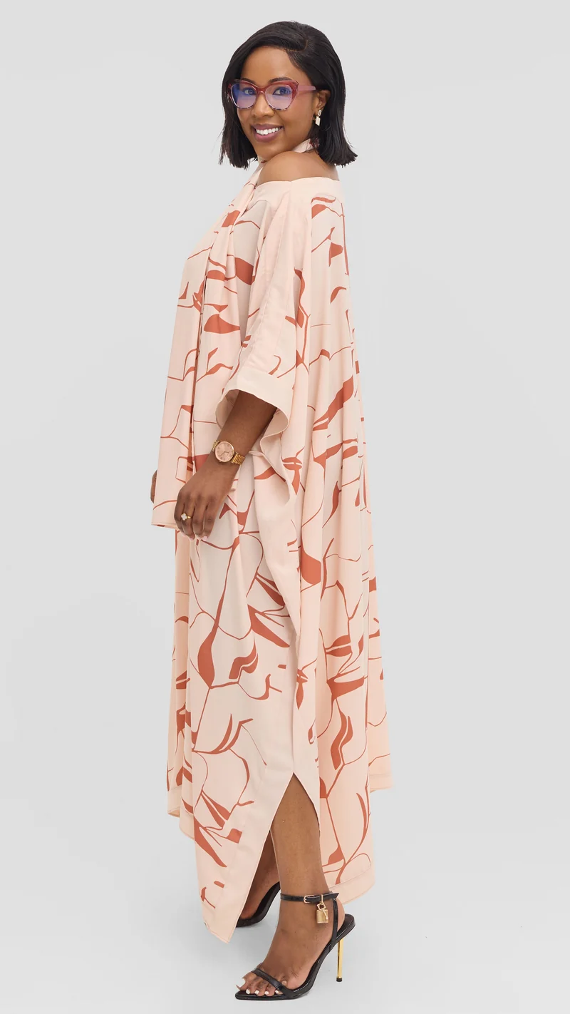 Vivo Liora Kaftan Border Maxi Dress in Crepe - Cream / Coral Ziza Print