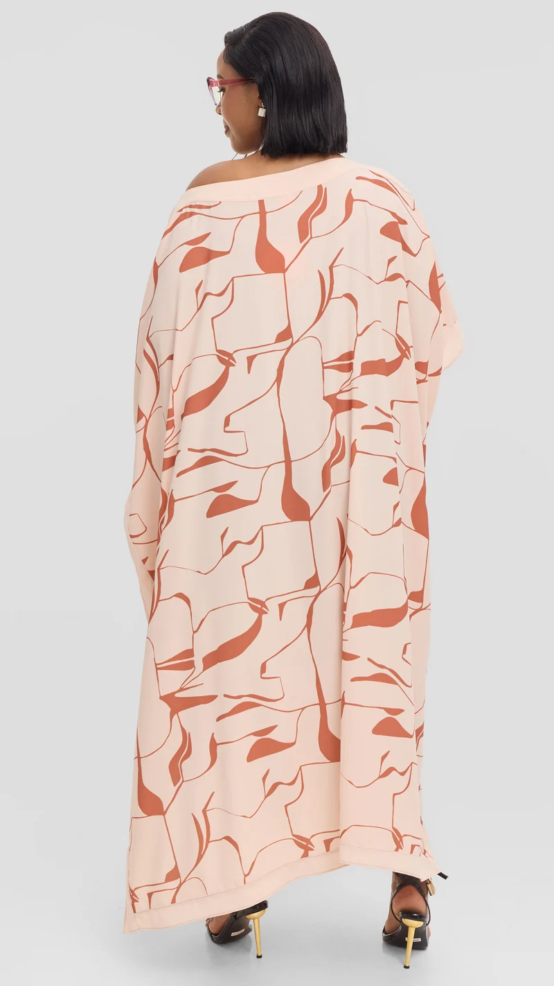Vivo Liora Kaftan Border Maxi Dress in Crepe - Cream / Coral Ziza Print