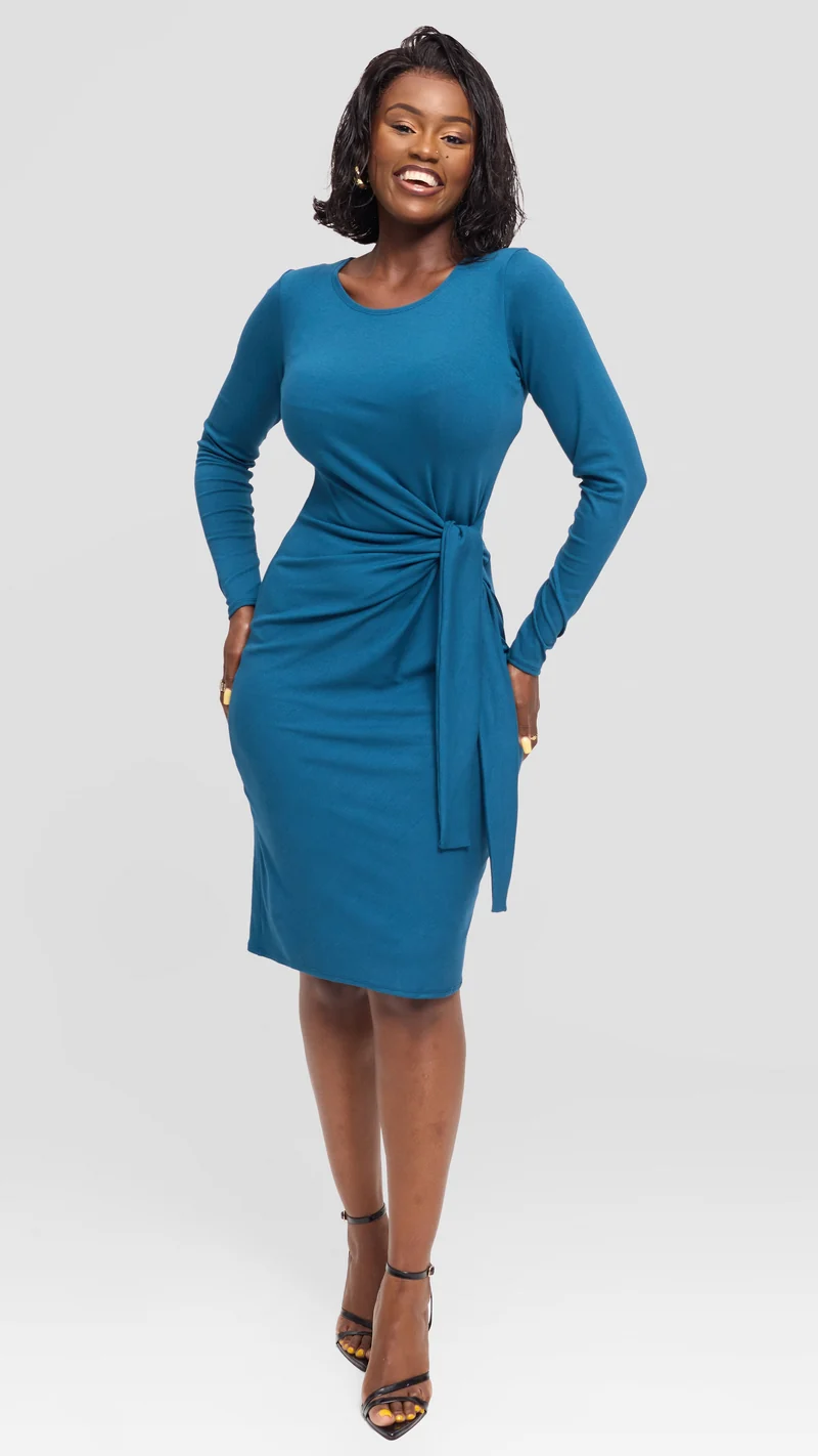 Vivo Side Tie Knee Length Dress in Jersey - Teal