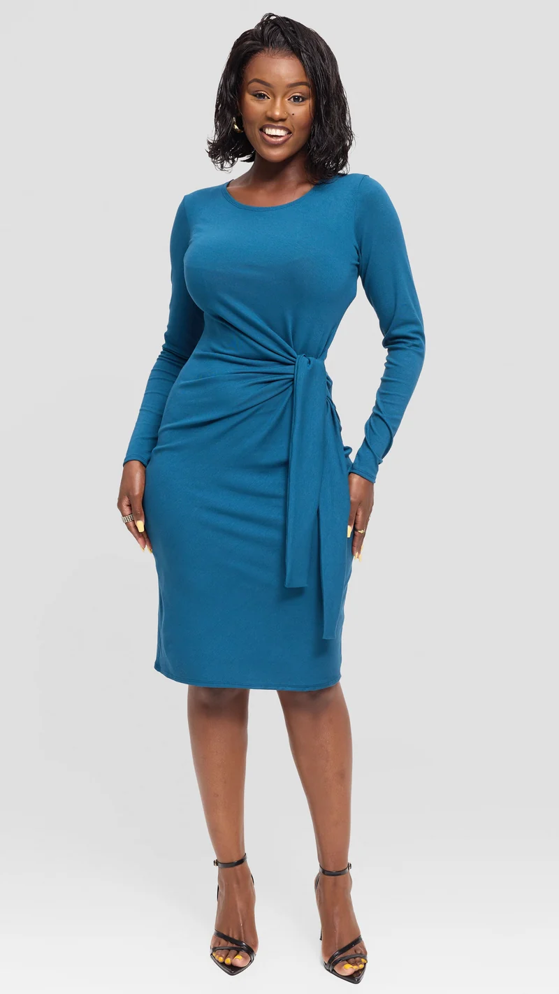 Vivo Side Tie Knee Length Dress in Jersey - Teal