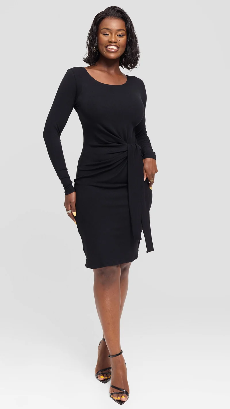 Vivo Side Tie Knee Length Dress in Jersey - Black